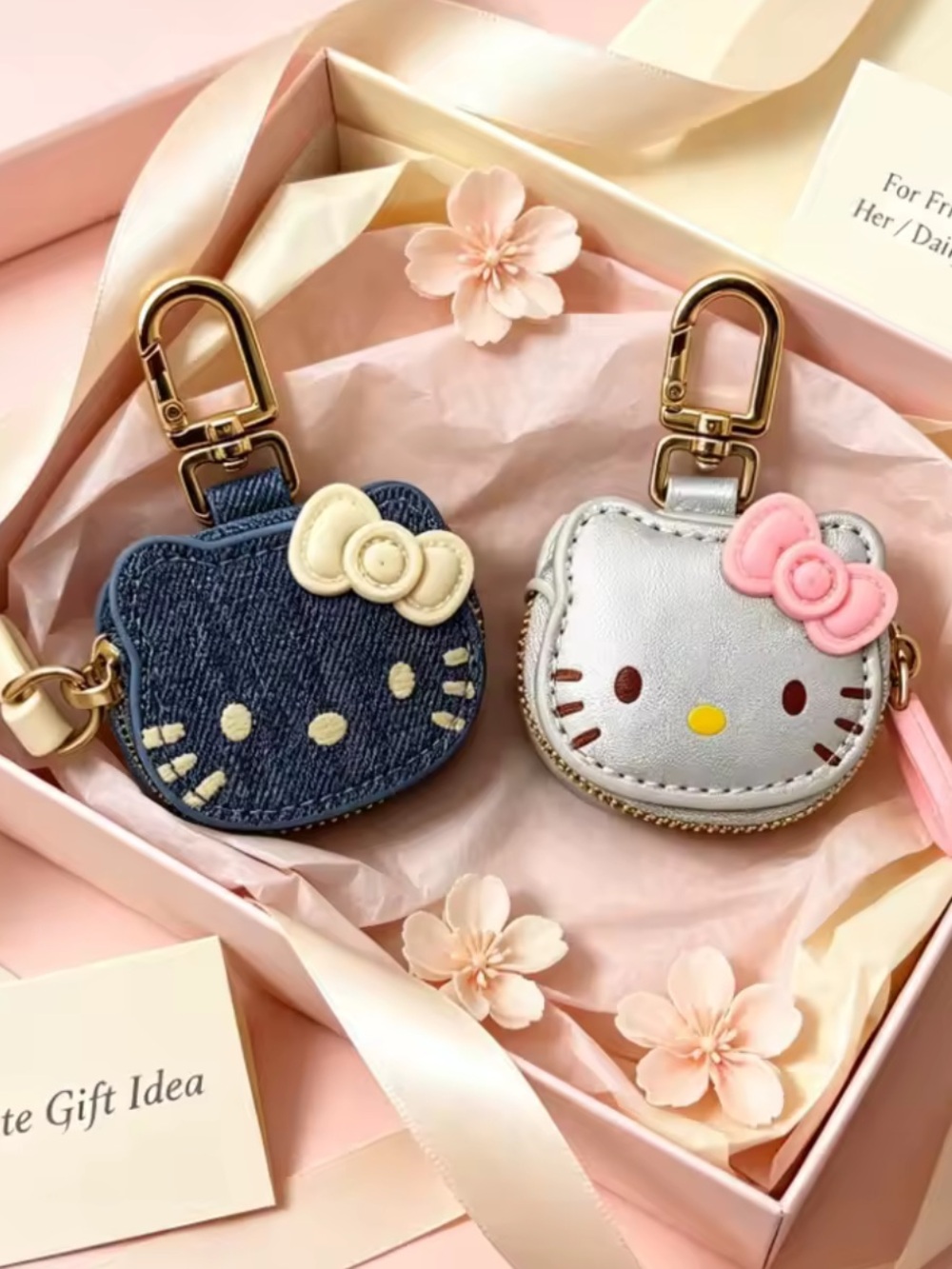 2pc Hello Kitty Mini Coin Pouch Keychain Set - Denim Blue and Silver Pink Bow